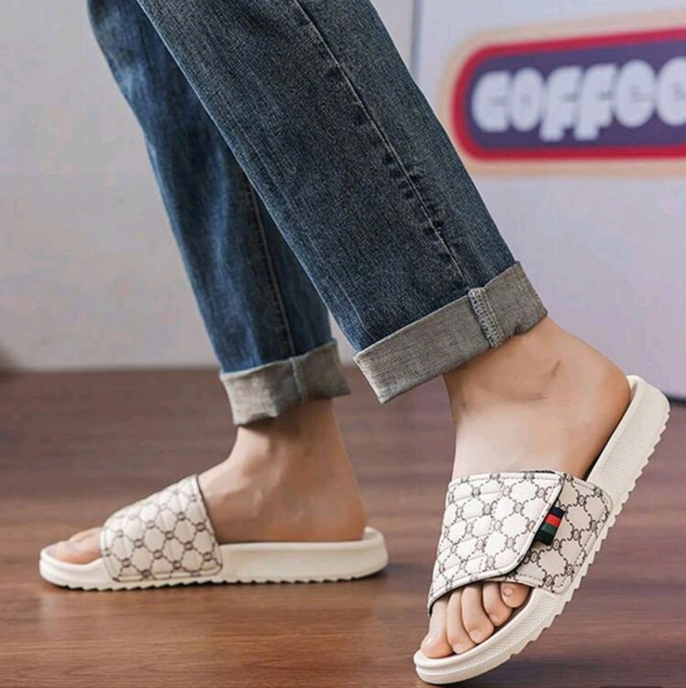 Designer-Style Cream Patterned Slide Sandals - Picture 2 of 3